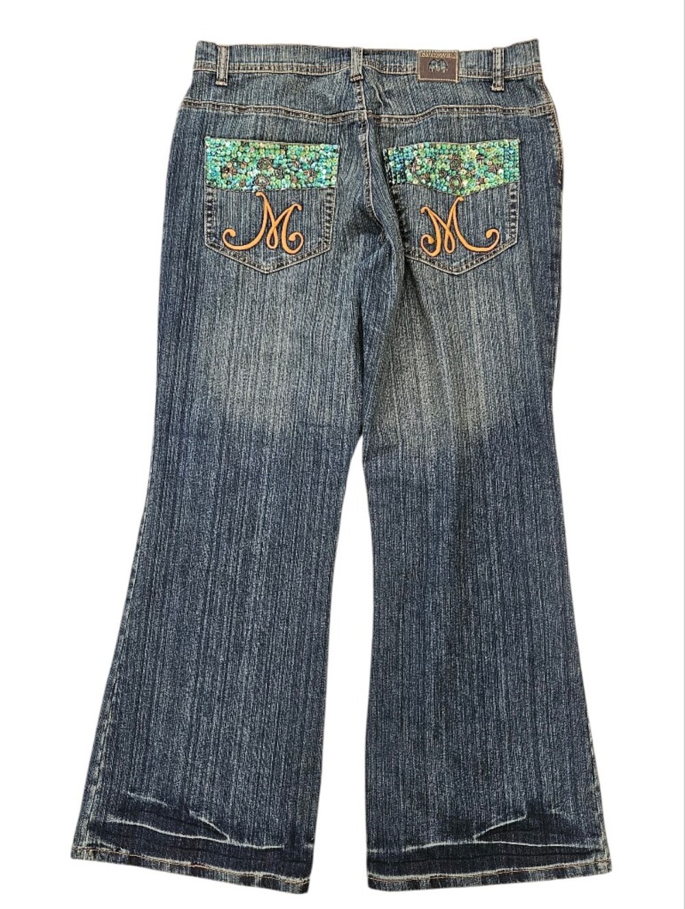 NEW VINTAGE Makaveli Dark Wash Embellished Pockets Logo Jeans 14 Y2K Tupac
